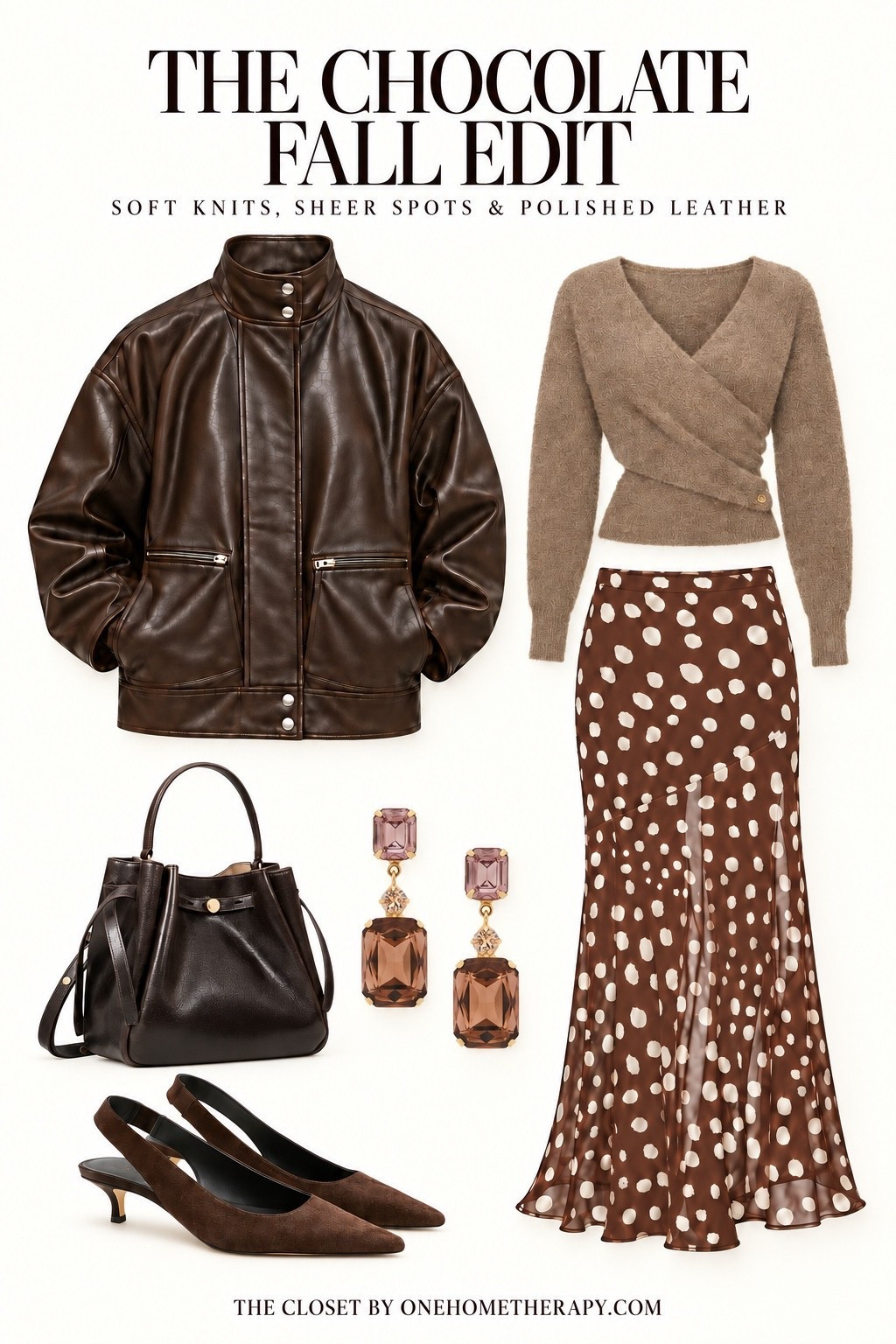 Chocolate is having its moment. Rich leather, a soft wrap knit, sheer spots and polished accessories create a fall look that feels effortless, feminine and quietly luxurious.
Shop the edit in The Closet at OneHomeTherapy.com.
#TheClosetByOneHomeTherapy #OneHomeTherapy #ChocolateBrown #FallFashion #FallStyle #AutumnOutfit #NeutralStyle #LeatherJacket #MaxiSkirt #QuietLuxury #ElevatedBasics #FallWardrobe #LTKFashion #ShopTheLook

#LTKgrwm #LTKdayinmylife #LTKU