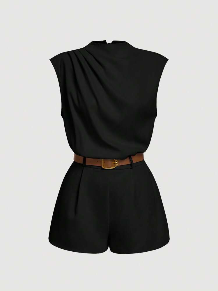 SHEIN MOD HIGH NECK SOLID POCKET JUMPSUIT WITH BELT Black | SHEIN