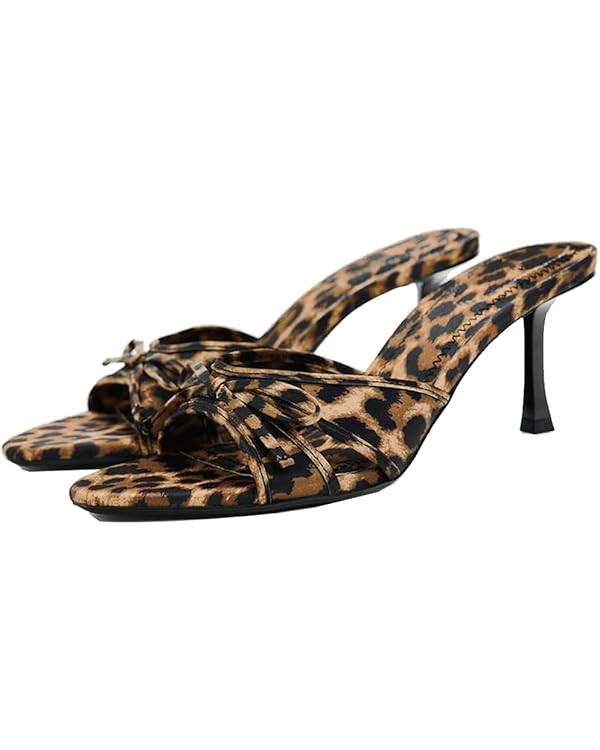 YIYA Women's Leopard Print Mules Heels with Bow Open Round Toe Stiletto High Heels Party Dress Sl... | Amazon (US)