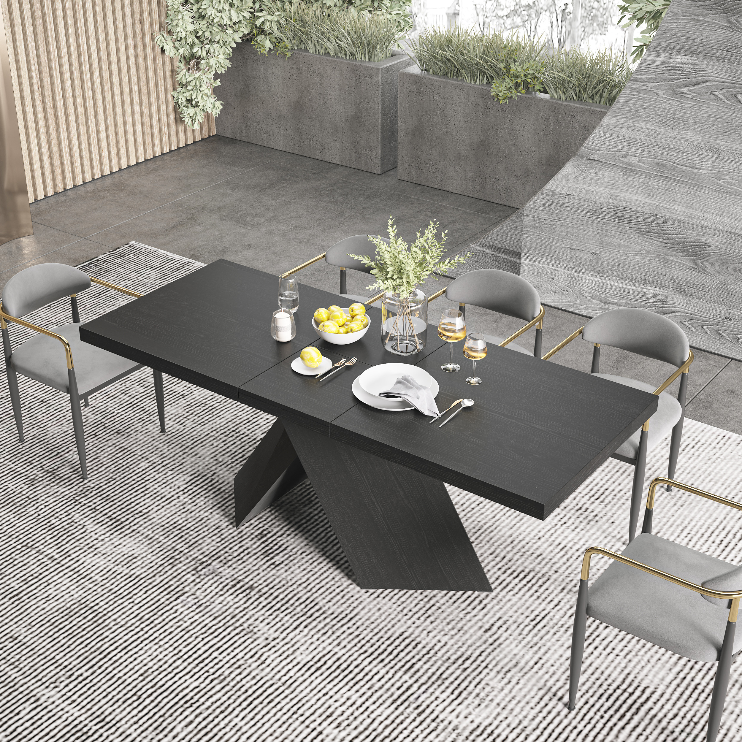 63"-79" Rectangle Dining Table Extendable Wood for 6 Person Farmhouse Style Black Dining Room Table | Homary