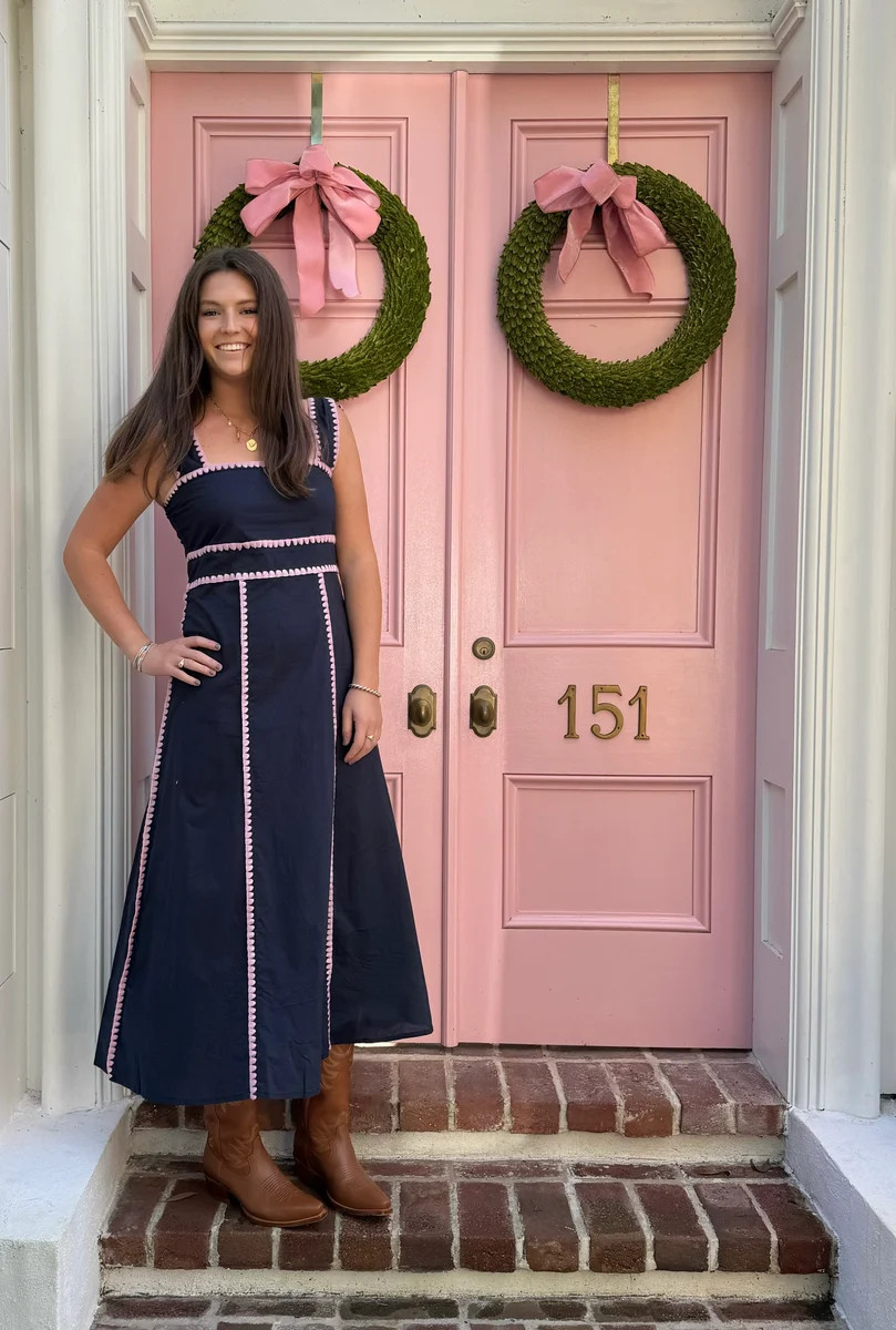 Sabrina Dress Navy with Pink Whipstitch | Madison Mathews