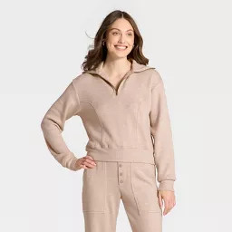 Women's Quarter Zip Pullover Sweatshirt - Universal Thread™ Heather Oatmeal L | Target