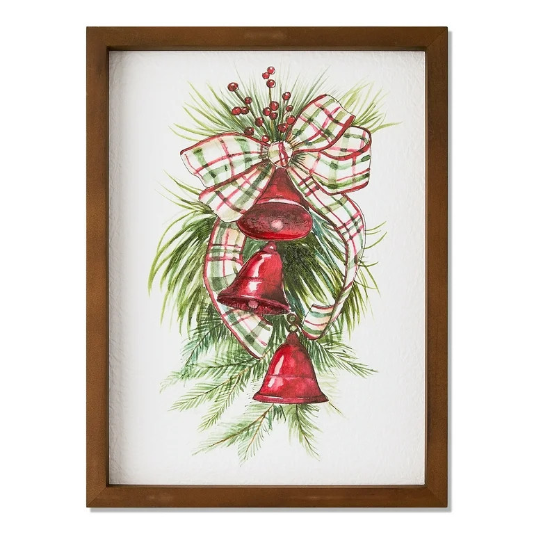 Bells and Greenery Framed Traditional Christmas Wall Art, 9" x 12", by Holiday Time | Walmart (US)
