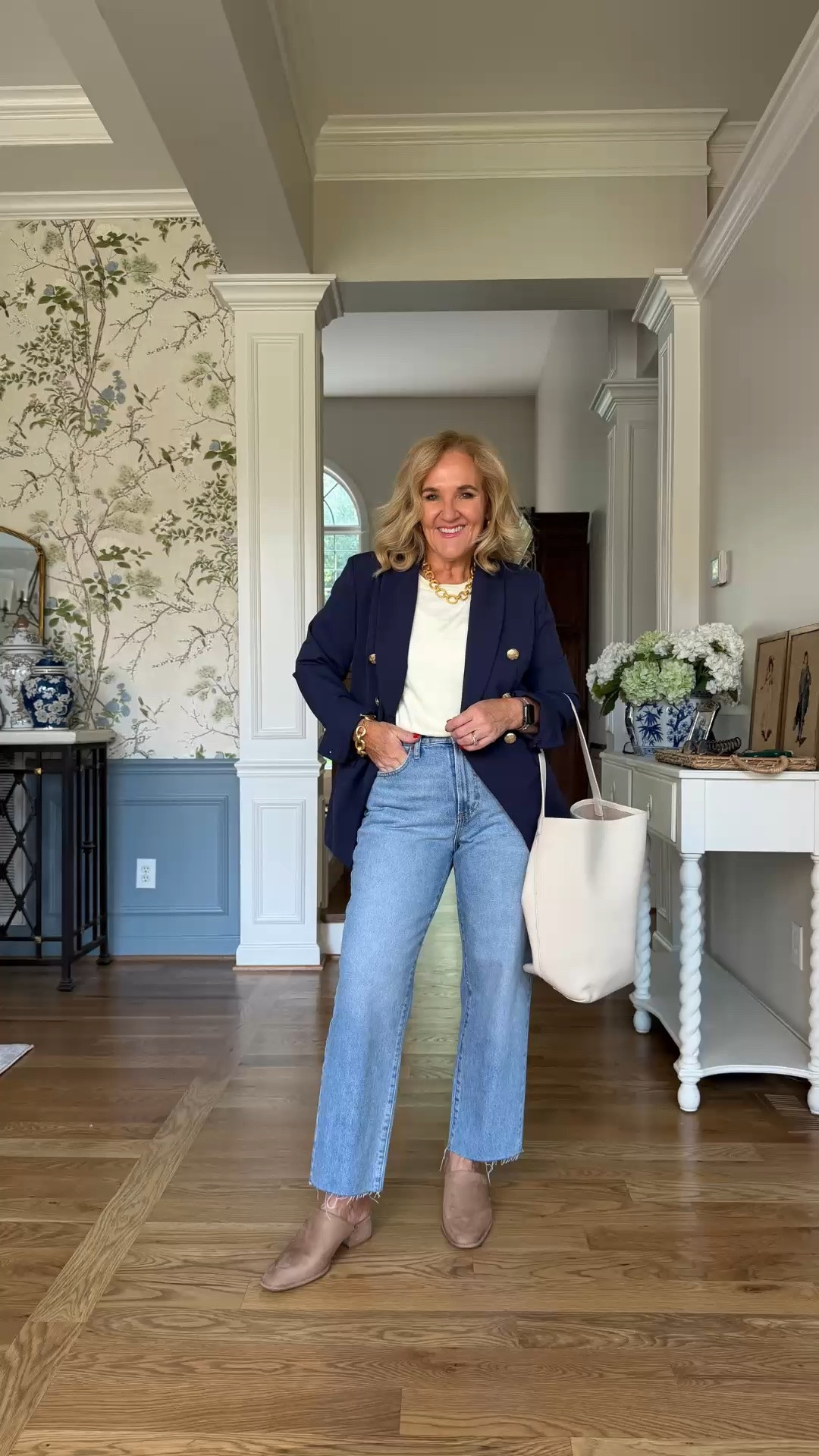 A classic navy blazer instantly makes this jeans-and-tee outfit feel polished. I love the gold buttons, cropped straight-leg denim, and suede ankle boots for an easy everyday look.

💡 LTK MADE EASY
❤️ Heart = Support my posts!
🔖 Save = Get sale & restock alerts
📋 Lists = Keep favorites organized
📲 Share = Send lists and products to a friend. Hello, Christmas List!
💬 Comment = Ask me anything about what I'm wearing.:-)

#LTKootd #LTKWorkwear #LTKOver40