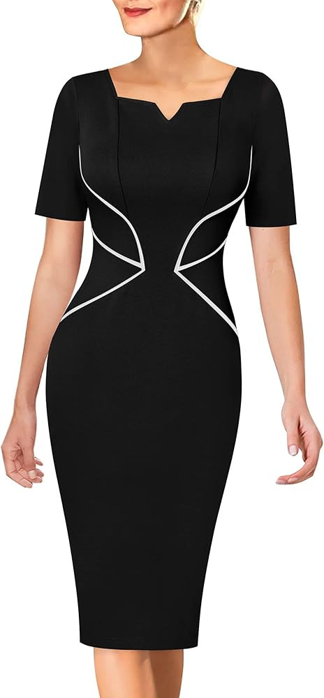 VFSHOW Womens Notch V Neck Colorblock Work Office Business Bodycon Pencil Dress | Amazon (US)