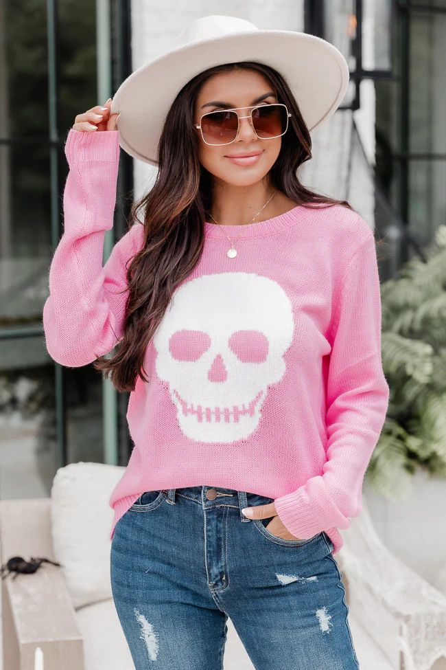 Bad To The Bone Pink Skull Sweater | Pink Lily