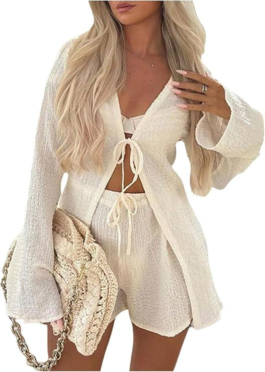 GORGLITTER Women's 2 Piece Outfits Summer Tie Front Bell Long Sleeve Tops and Elastics High Waist... | Amazon (US)