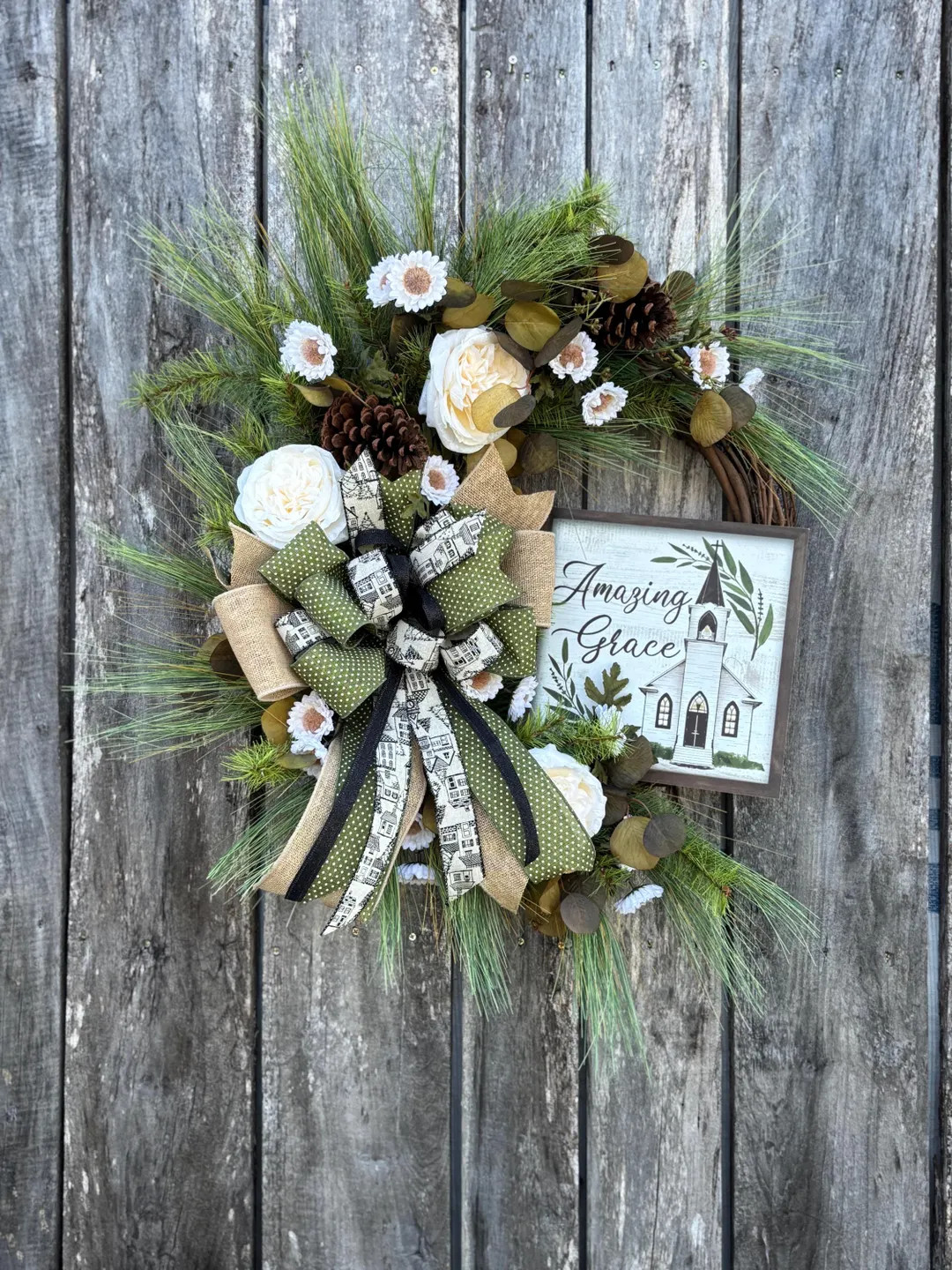 Winter Christmas Pine Eucalyptus Wreath With Cream Cabbage Roses, Amazing Grace Sign, Fall Pine W... | Etsy (US)