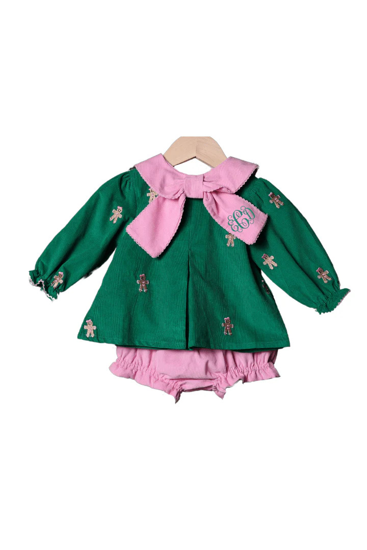 Embroidered Gingerbread Green Corduroy Bloomer Set | The Smocked Flamingo