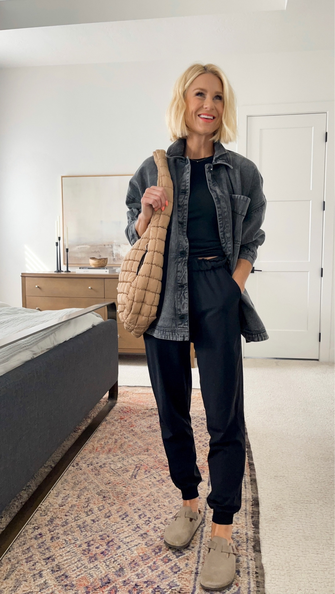 Easy, causal Fall outfit. 
More colors in everything!
Joggers & tank run tts. Sized down in shirt jacket. Love this quilted carry all bag!
( I tried the Amazon lookalike bags and they are 👎🏼) 

#LTKSeasonal #LTKfindsunder50 #LTKstyletip