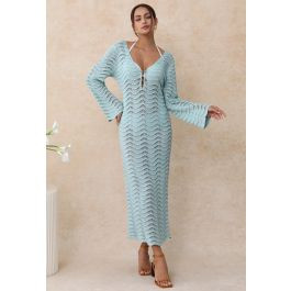 V-Neck Wavy Open-Knit Crochet Cover-Up Maxi Dress in Mint | Chicwish