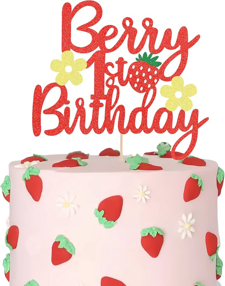 Berry 1st Birthday Cake Topper - Red Glitter Strawberry Theme First Birthday Cake Decoration - St... | Amazon (US)