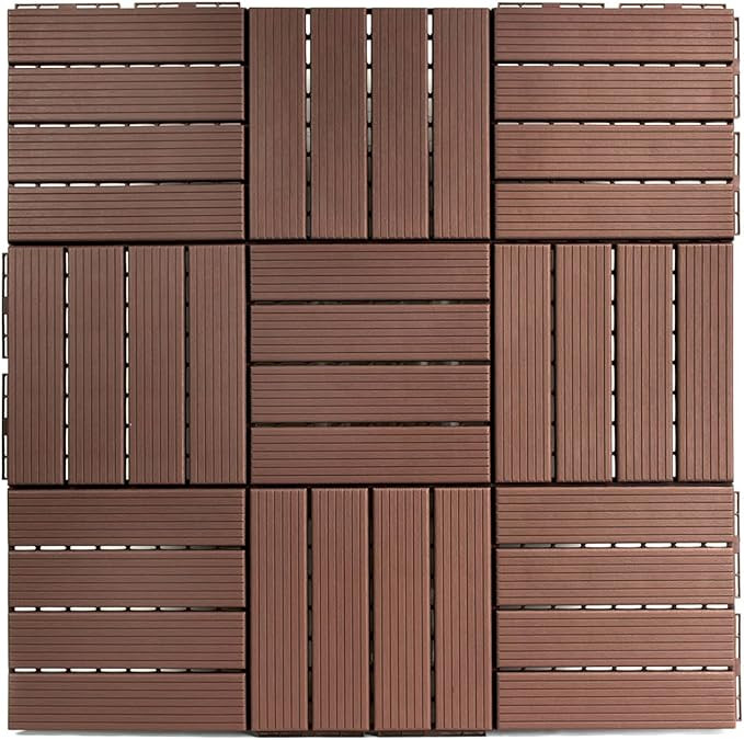 FloorPops 11.8-in by 11.8-in Straight Groove Coffee Interlocking Deck Tiles, Pack of 9 Tiles, FPD... | Amazon (US)