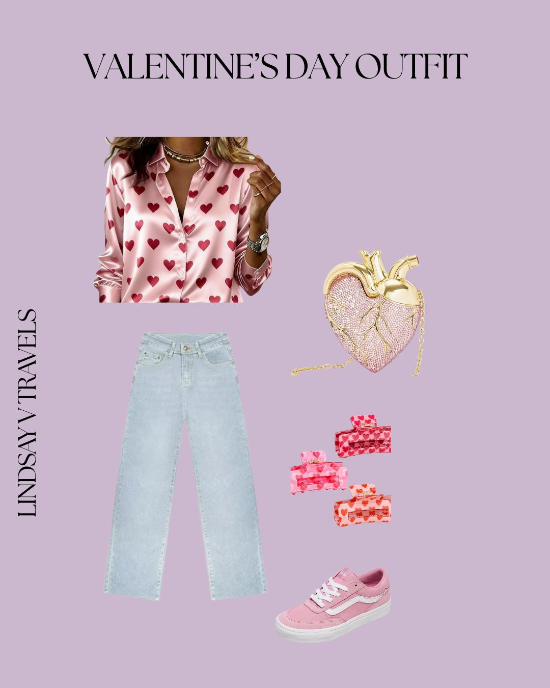 Celebrate Valentine's Day with this heart-shaped bag and matching hair accessories 💘 Perfect for a cute and stylish date night outfit. Complete your look with a cozy long-sleeve shirt and some Vans sneakers. Feel loved and fashionable! 

 #LTKValentine #LTKSeasonal #LTKSaleAlert