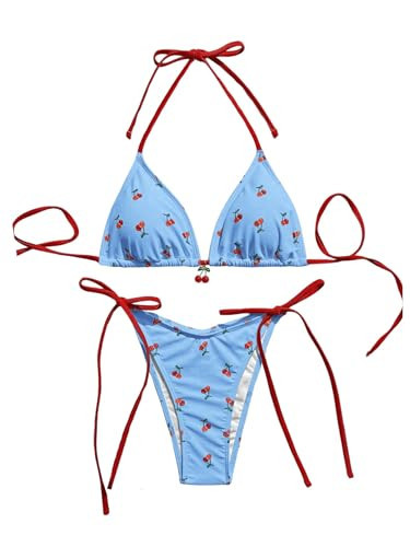 WDIRARA Women's 2 Piece Swimsuit Cherry Print Bikini Set Halter Triangle Bikini Side Tie String Bathing Suits Blue X-Small | Amazon (US)