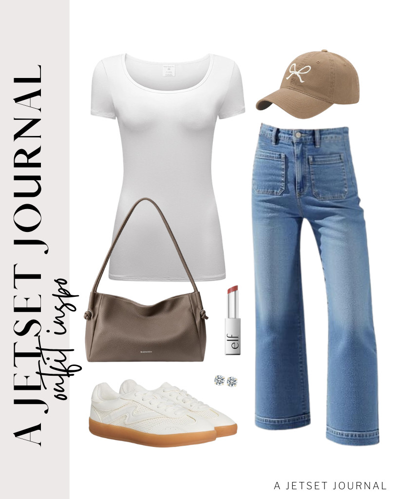 Pair an OThread & Co. simple white tee with Tankaneo jeans for your first outfit. Grab this BOSTANTEN shoulder bag and wear a cute baseball cap to style this look, then step into these Madden Girl fashion sneakers to finish the fit.

#LTKSeasonal #LTKSaleAlert #LTKTravel
 

 