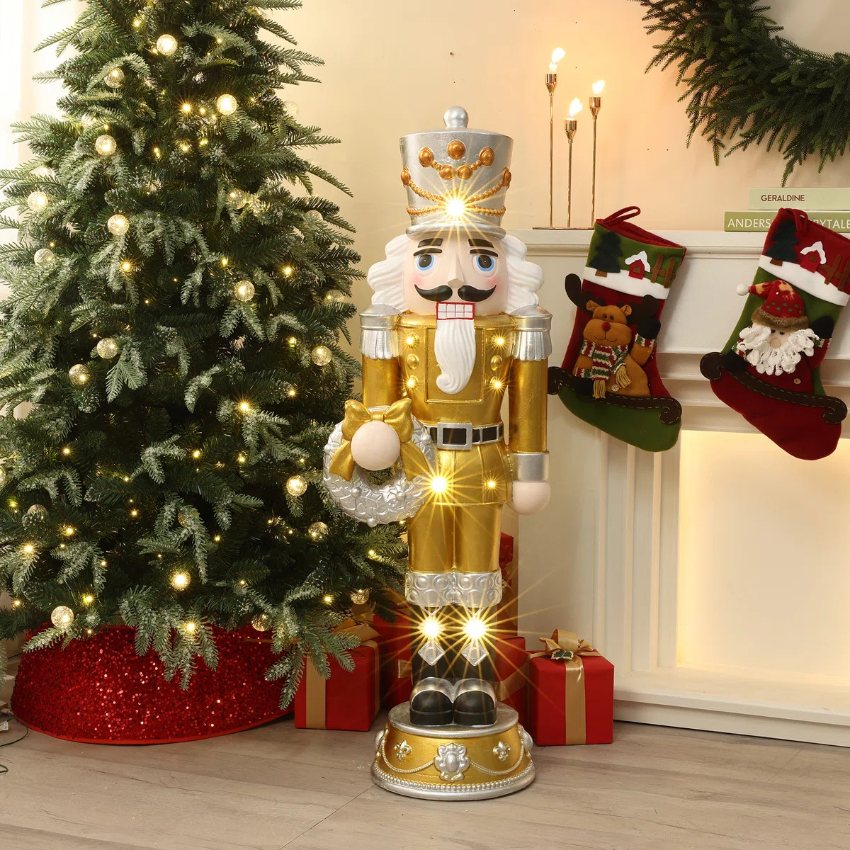 4Ft Lighted Nutcracker Gold Soldier with Silver Wreath, Battery Operated Xmas Decoration | Wayfair North America