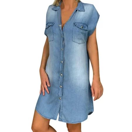 Jkerther Women Denim Shirt Dresses Long Sleeve Distressed Denim Dress Button Down V Neck Casual Tuni | Walmart (US)