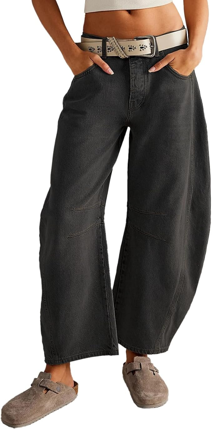 HOTIAN Barrel Jeans Women Wide Leg Mid Rise Barrel Denim Pants Vintage Horseshoe Jeans Pockets | Amazon (US)