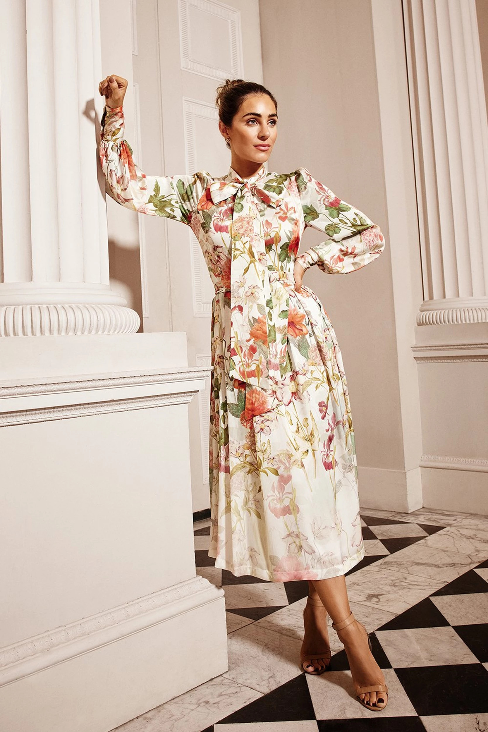 Lydia Millen Crinkle Chiffon Floral Pussybow Midi Dress | Karen Millen UK + IE + DE + NL