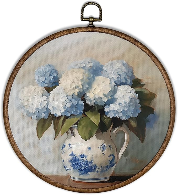XBBMGG Vintage Hydrangea Floral Wall Art Decor, Blue and White Chinoiserie Vase Flowers Round Wal... | Amazon (US)