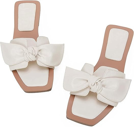 LAICIGO Womens Slip on Bow Sandals Dressy Comfortable Flat Sandals Square Toe Summer Slides | Com... | Amazon (US)