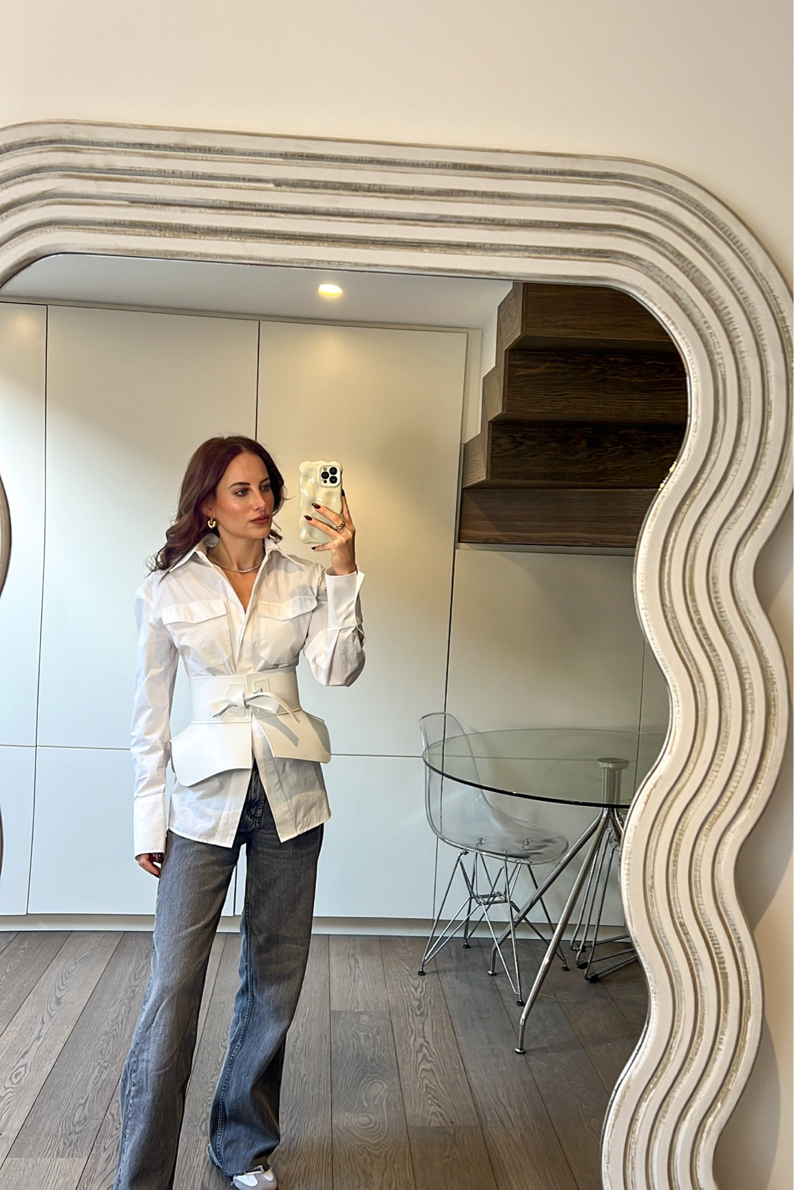 White shirt, white leather belt, straight jeans, suede trainers

#LTKstyletip #LTKSeasonal #LTKeurope