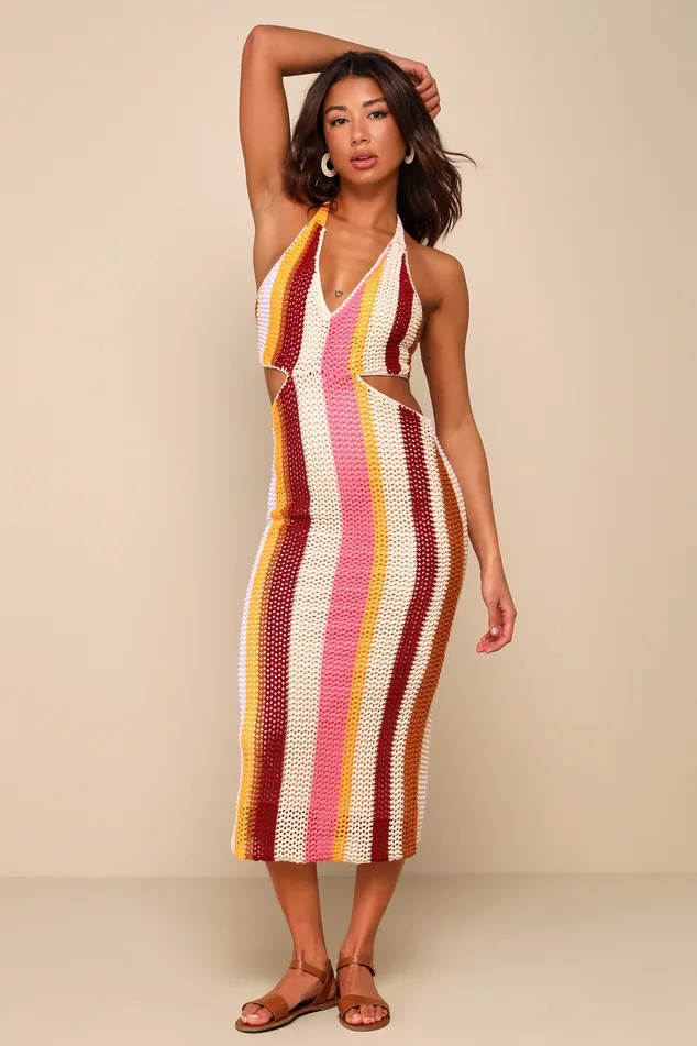 Sunny Destiny Beige Multi Striped Crochet Halter Midi Dress | Lulus