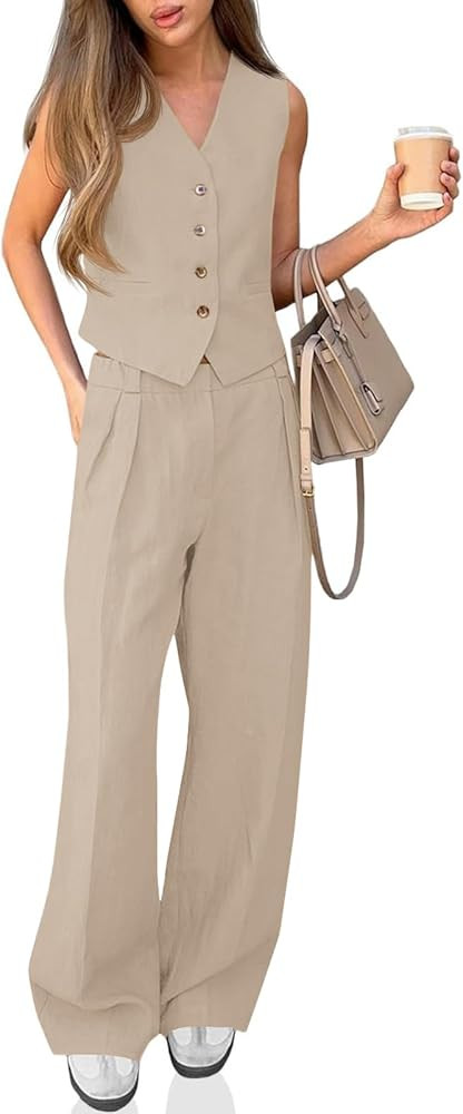 Cicy Bell Women's 2 Piece Outfits Crop Vest and Wide Leg Suit Pants Sets V Neck Blazer Suit | Amazon (US)
