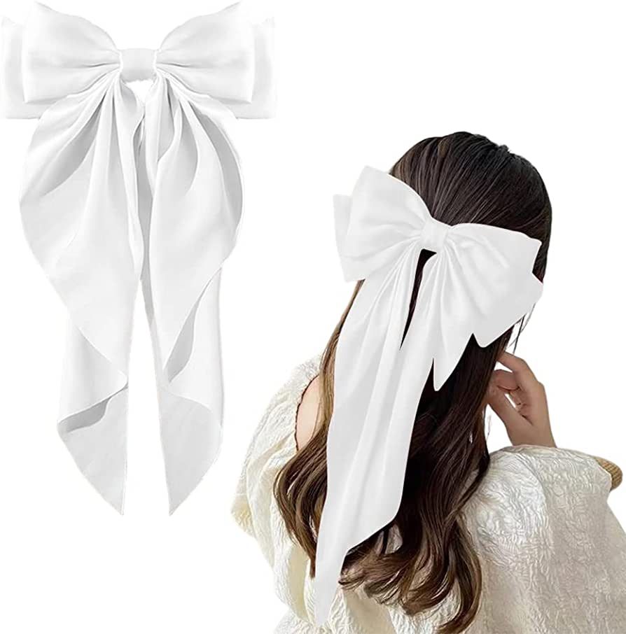 Large Hair Bow Clips for Women Girls Silky Satin Hair Barrettes with Long Ribbon Tail White Hair Bow | Amazon (US)