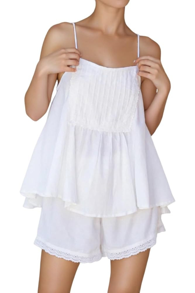 Womens Summer 2 Piece Short Sets Sleeveless Ruffle Trim Top and Shorts Cotton Pajamas Set | Amazon (US)