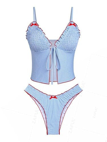 seamoly Gingham Contrast Binding Bowknot Decor Smocked Ruffles Tankini Set, Sky Blue, L | Amazon (US)