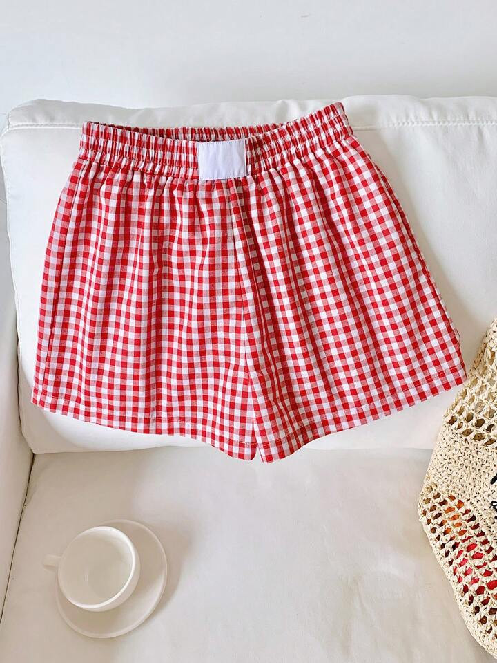 Comfortcana Women's Fashion Red Woven Plaid Shorts For Summer Valentine's Day | SHEIN