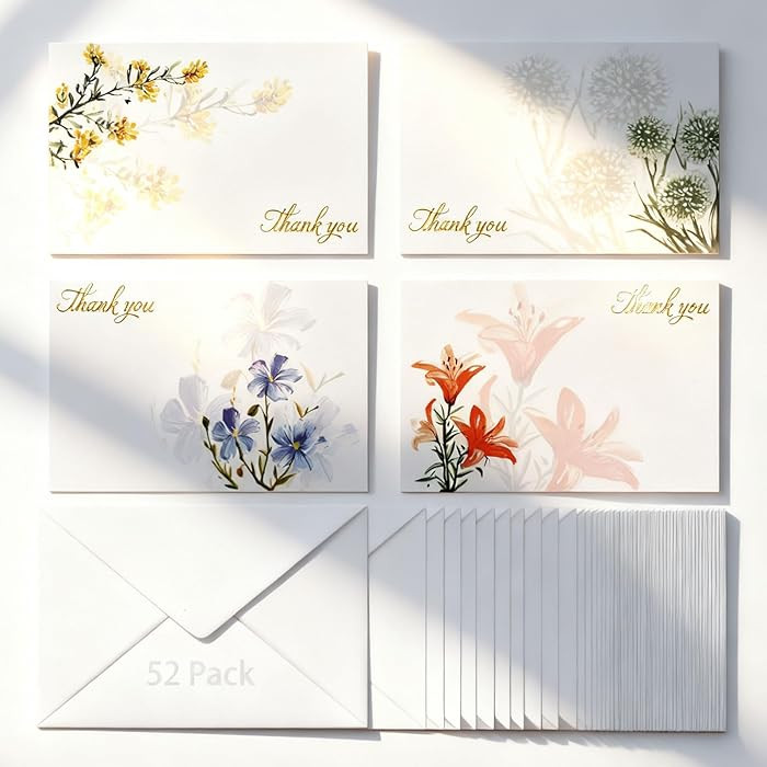 Gold Foil Thank You Cards with Envelopes | 52 Pack, 3.5"x5" Floral Blank Inside Bulk Greeting Car... | Amazon (US)