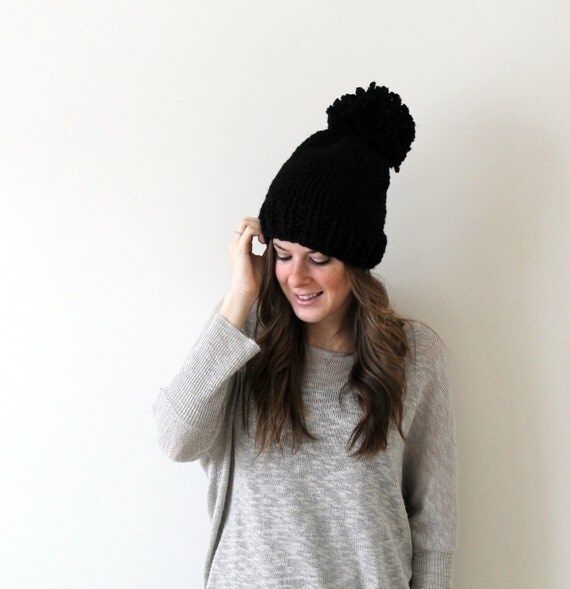 Black Knit Hat Pom Pom Bobble Beanie Knitted- Pokomoke Hat | Etsy (US)
