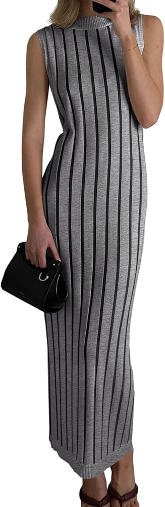 Wenrine Womens Sleeveless Sweater Dress Mock Neck Ribbed Knit Fall Tank Maxi Dresses | Amazon (US)