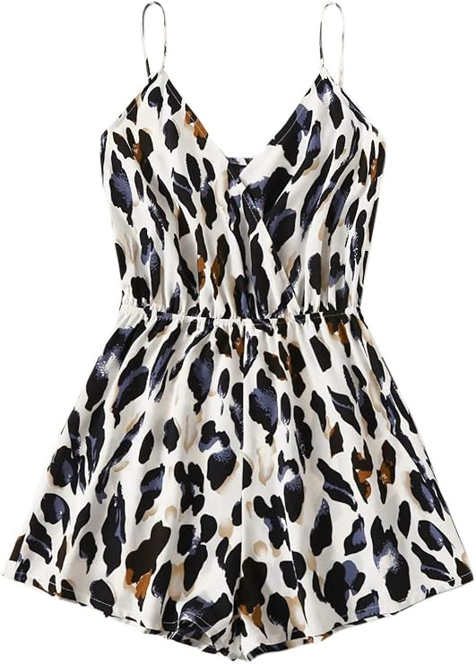 Verdusa Women's Leopard Print Wrap Spaghetti Strap Romper Cami Jumpsuit | Amazon (US)