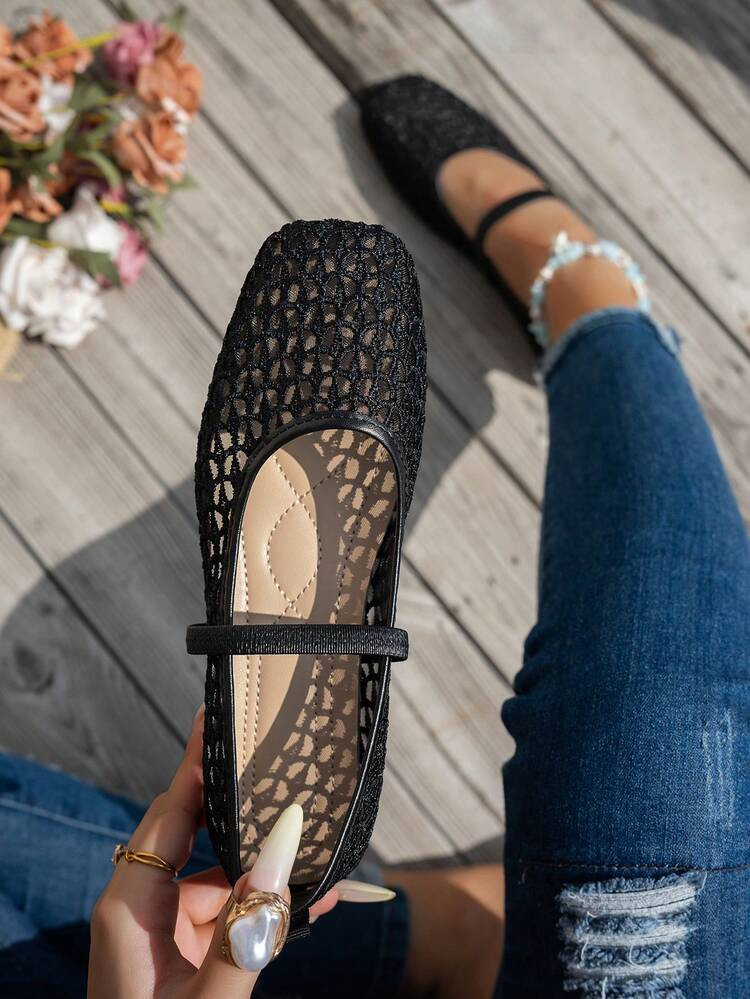 Summer New Elastic Band Mesh Hollow Women Flat Shoes, Fashion Breathable Mary Jane Ballet Shoes, ... | SHEIN