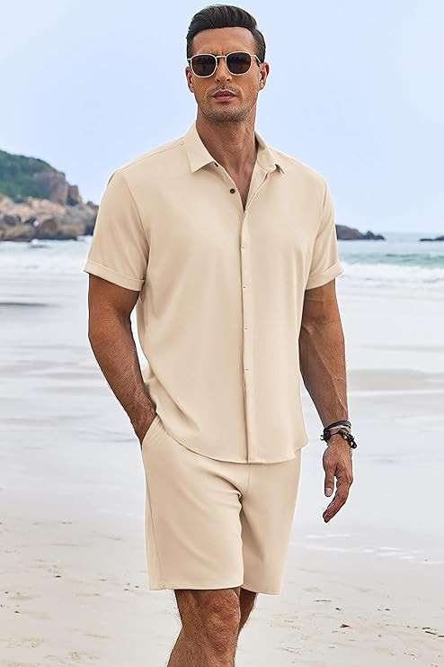 COOFANDY Men's Summer Beach Outfits 2 Piece Short Sleeve Shirts and Shorts Vacation Texture Linen... | Amazon (US)