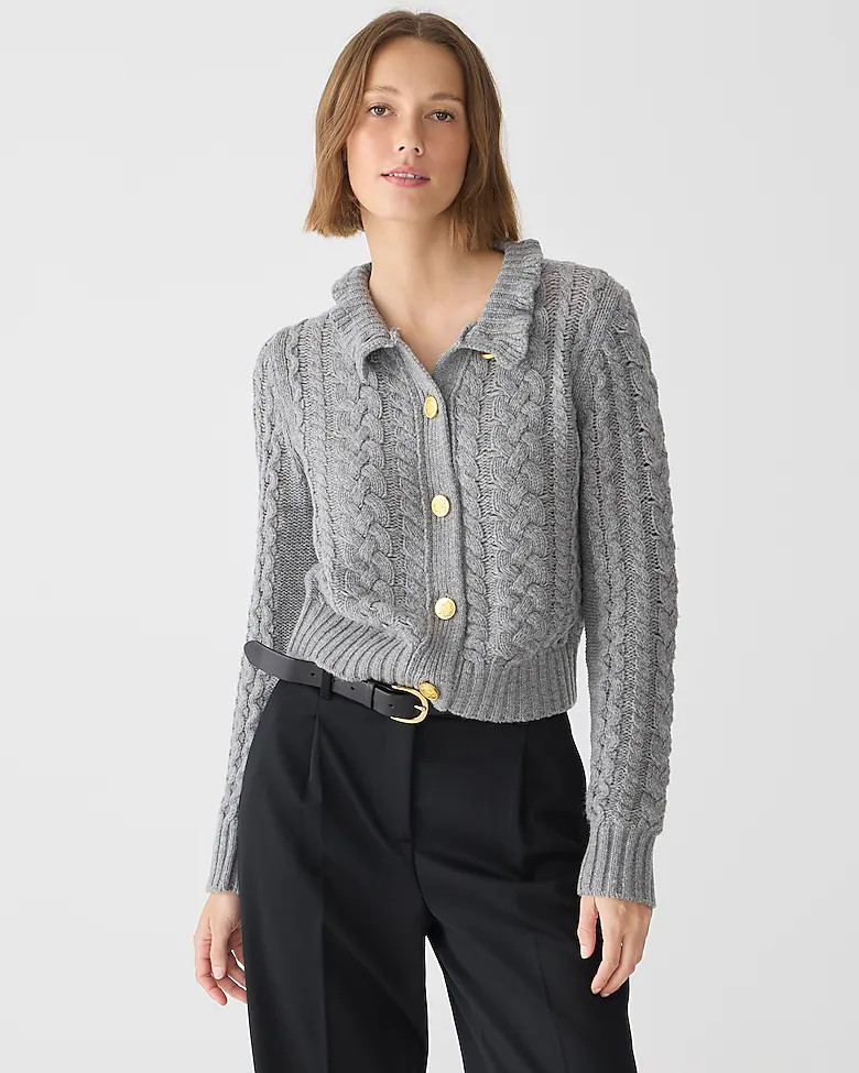 Cable-knit ruffleneck sweater lady jacket | J. Crew US