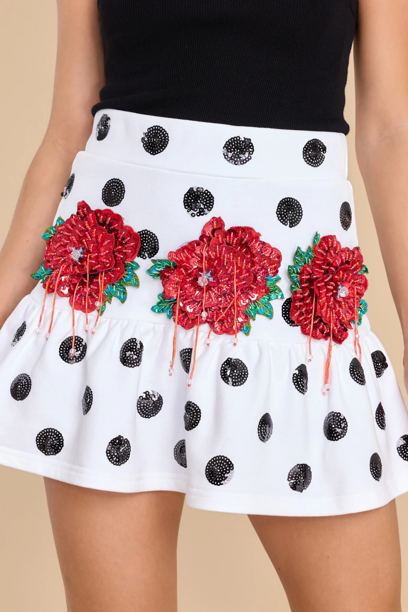 Red Flowers And White Polka Dot Flounce Skirt | Red Dress 