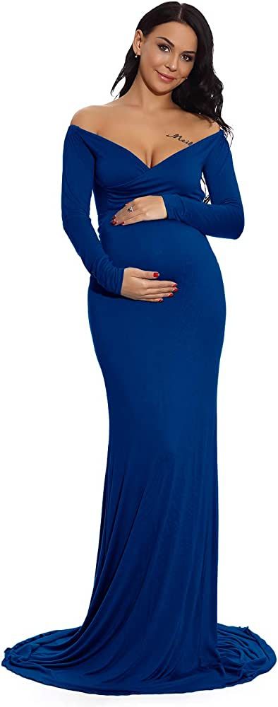 ZIUMUDY Maternity Off Shoulder Photo Shoot Photography Dress Solid Color Baby Shower Dress | Amazon (US)