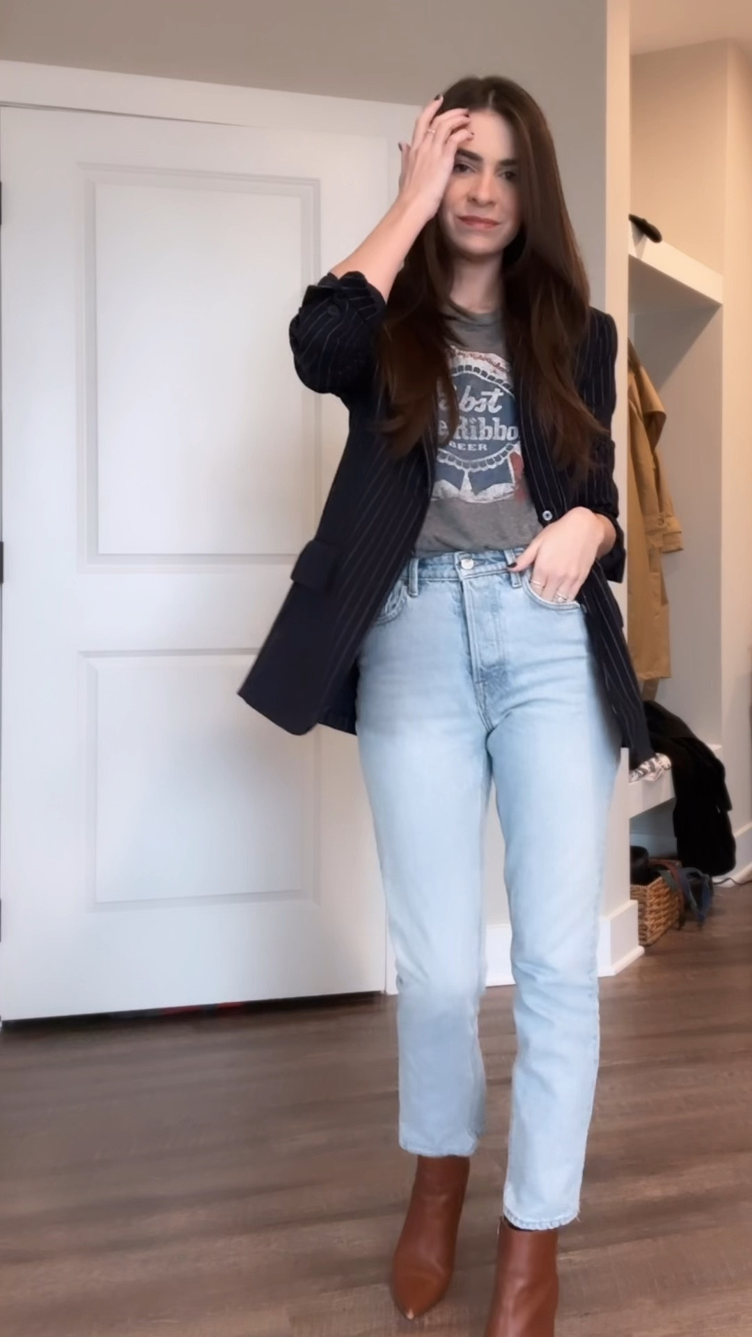 Casual work outfit, pinstripe blazer, vintage tshirt, graphic tshirt, grlfnd denim, casual outfit, work style, business casual, monday morning 

#LTKstyletip #LTKworkwear #LTKfindsunder100