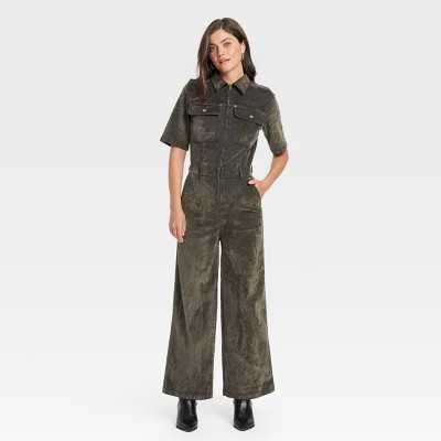 Women's Holiday Short Sleeve Flocked Denim Jumpsuit - Universal Thread™ Olive 8 | Target