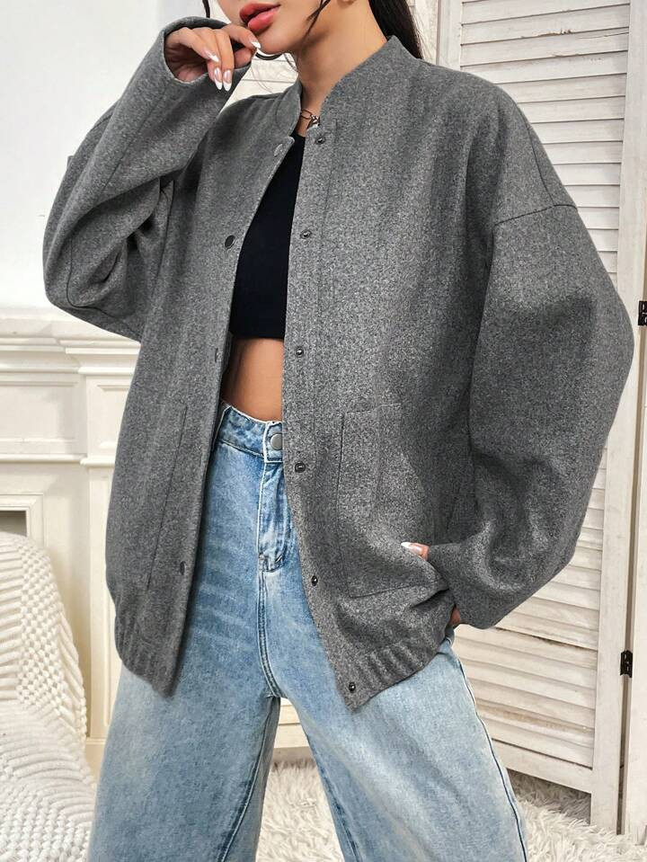 SHEIN MOOSTA Drop Shoulder Button Front Overcoat,Ladies Late Fall Casual Button,Pocket Drop Shoul... | SHEIN