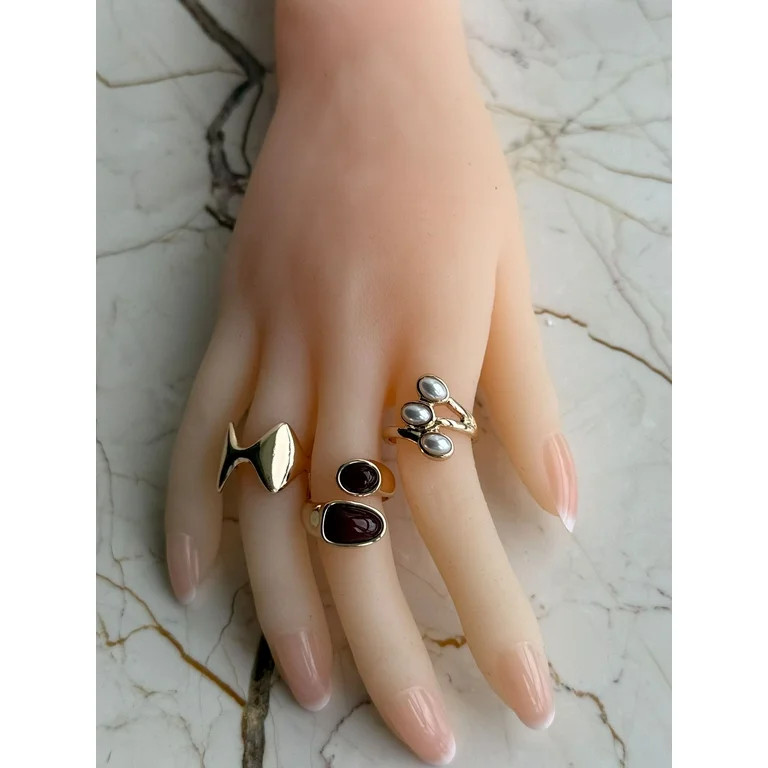 Time and Tru Pearl and Stone Rings Brown in Gold Plating for Female Adults and Teens, 3 Pack - Wa... | Walmart (US)