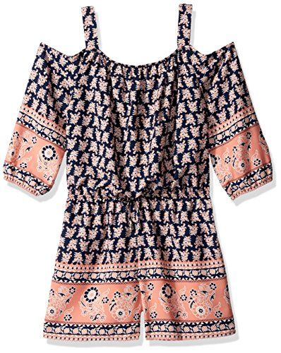 My Michelle Big Girls' Cold Shoulder Romper With Border Print, Navy/Apricot, S | Amazon (US)