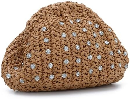 KUANG! Straw Clutch Purse with Rhinestone Dumpling Handbag Summer Woven Vacation Beach Bag for Wo... | Amazon (US)