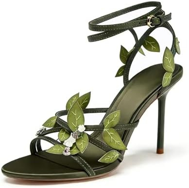 Women's Leaf Stiletto Sandals Point Toe Ankle Wrap Strap Dress High Heels | PU Strappy 3D Leaf Ap... | Amazon (US)