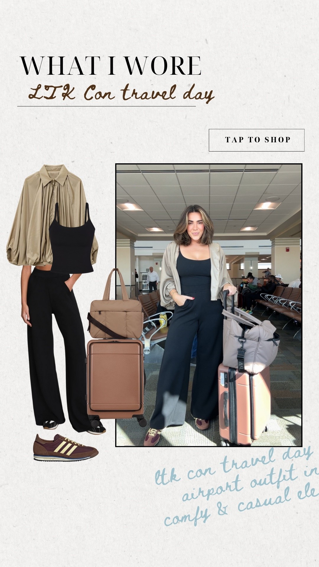 LTK travel day! My airport outfit - traveling to Dallas for LTK con! Casual and elevated, so comfortable and the jacket is barely anything - it’s so light so I can still wear it in hot weather! My tank is sporty and has a built in bra. The pants are dreamy with pockets and you can use code NINAXSPANX for 15% off. Everything I’m wearing is size L. 

Travel, lounge, airport, mom style, midsize, lounge, fall outfit. LTKCon travel outfit! 

#LTKStyleTip #LTKTravel #LTKCon